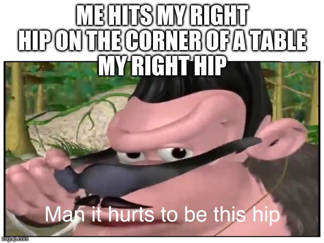 meme #1 | ME HITS MY RIGHT HIP ON THE CORNER OF A TABLE
MY RIGHT HIP | image tagged in man it hurts to be this hip | made w/ Imgflip meme maker