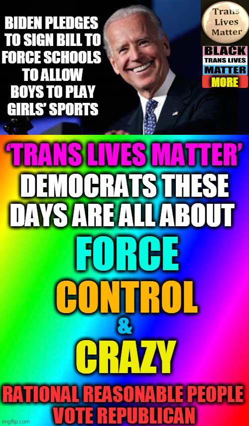 It Is Not About EQUALITY....It Is All About INSANITY | BIDEN PLEDGES 

TO SIGN BILL TO
FORCE SCHOOLS 
TO ALLOW BOYS TO PLAY GIRLS’ SPORTS; MORE; ‘TRANS LIVES MATTER’; DEMOCRATS THESE DAYS ARE ALL ABOUT; FORCE; CONTROL; &; CRAZY; RATIONAL REASONABLE PEOPLE 
VOTE REPUBLICAN | image tagged in politics,political meme,creepy joe biden,democratic socialism,insanity,crazy | made w/ Imgflip meme maker