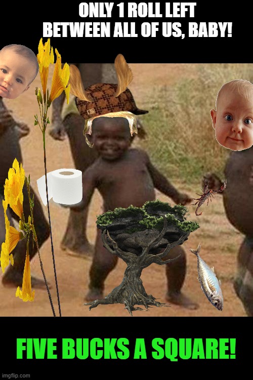 Third World Success Kid Meme | ONLY 1 ROLL LEFT BETWEEN ALL OF US, BABY! FIVE BUCKS A SQUARE! | image tagged in memes,third world success kid | made w/ Imgflip meme maker