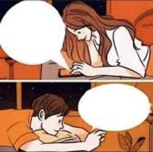 Boy and girl texting in bed meme kissing template の ギ ャ ラ リ.