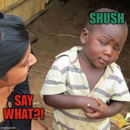 Third World Skeptical Kid | SHUSH; SAY WHAT?! | image tagged in memes,third world skeptical kid | made w/ Imgflip meme maker