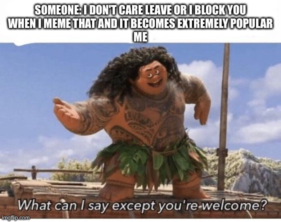 Well hey it can happen | SOMEONE: I DON'T CARE LEAVE OR I BLOCK YOU
WHEN I MEME THAT AND IT BECOMES EXTREMELY POPULAR
ME | image tagged in what can i say except you're welcome | made w/ Imgflip meme maker