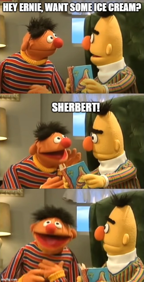 Bert and Ernie |  HEY ERNIE, WANT SOME ICE CREAM? SHERBERT! | image tagged in sesame street,bert and ernie,puns,bad puns,funny,word play | made w/ Imgflip meme maker