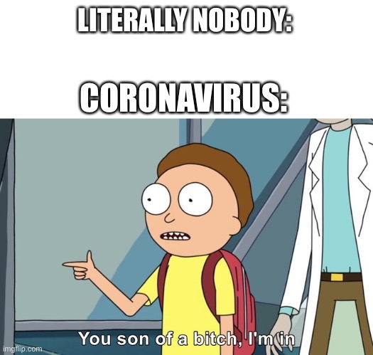 Literally Nobody |  LITERALLY NOBODY:; CORONAVIRUS: | image tagged in coronavirus,rick and morty,you son of a bitch i'm in,lmao,funny memes | made w/ Imgflip meme maker