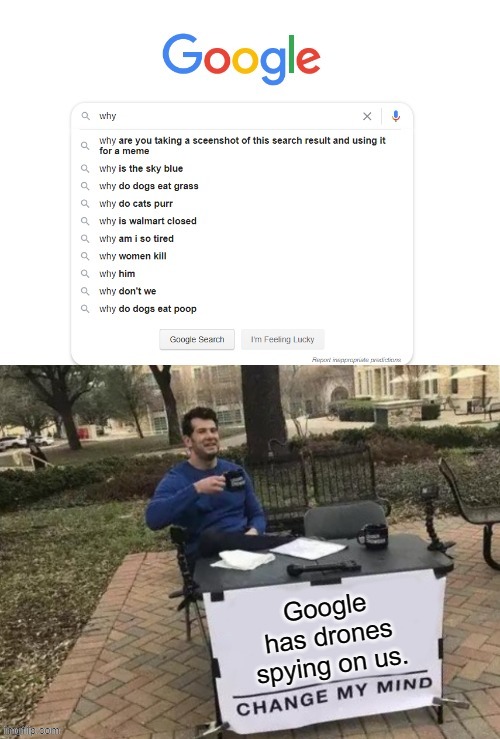 Google has drones spying on us | image tagged in memes,funny,change my mind,google,google search | made w/ Imgflip meme maker