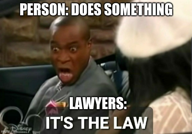 haha funny funny | PERSON: DOES SOMETHING; LAWYERS: | image tagged in it's the law | made w/ Imgflip meme maker