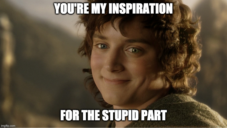 smug Frodo | YOU'RE MY INSPIRATION FOR THE STUPID PART | image tagged in smug frodo | made w/ Imgflip meme maker