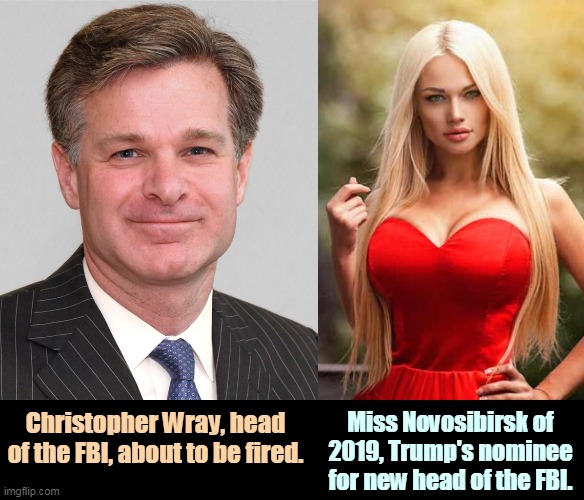 Trump said "I want what I want and you can't stop me." Then he stuck out his tongue between his lips and made a rude noise. | Christopher Wray, head of the FBI, about to be fired. Miss Novosibirsk of 2019, Trump's nominee for new head of the FBI. | image tagged in trump,childish,little boy,crazy,idiot,fool | made w/ Imgflip meme maker