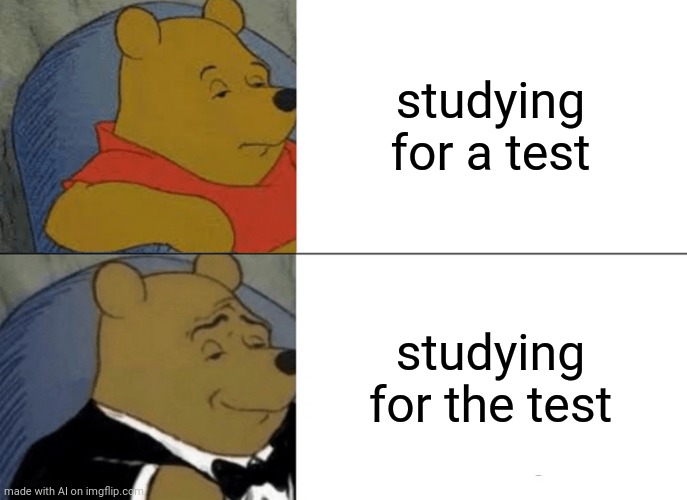 Tuxedo Winnie The Pooh | studying for a test; studying for the test | image tagged in memes,tuxedo winnie the pooh | made w/ Imgflip meme maker