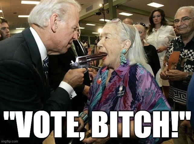 Vote Biden...or else! | "VOTE, BITCH!" | image tagged in joe biden,memes,gun | made w/ Imgflip meme maker