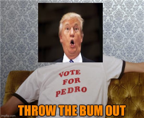 Vote for pedro  | THROW THE BUM OUT | image tagged in vote for pedro | made w/ Imgflip meme maker