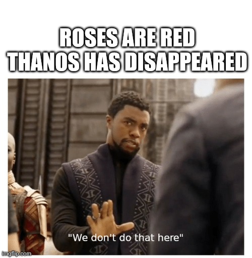 I had to. | ROSES ARE RED
THANOS HAS DISAPPEARED | image tagged in we don't do that here,roses are red,memes | made w/ Imgflip meme maker