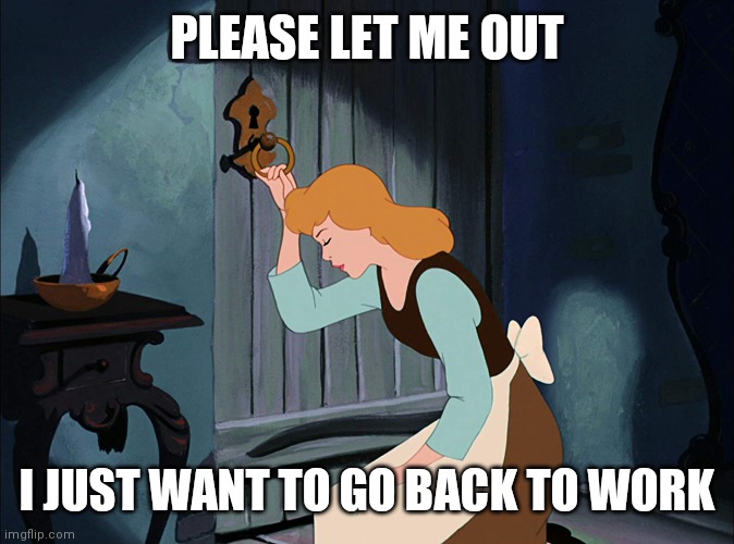 Cinderella Locked Up In Her Room | PLEASE LET ME OUT; I JUST WANT TO GO BACK TO WORK | image tagged in cinderella locked up in her room | made w/ Imgflip meme maker