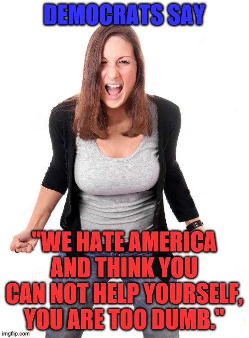 This is the message from the Democrats. | DEMOCRATS SAY; "WE HATE AMERICA AND THINK YOU CAN NOT HELP YOURSELF, YOU ARE TOO DUMB." | image tagged in angry woman,democrats | made w/ Imgflip meme maker