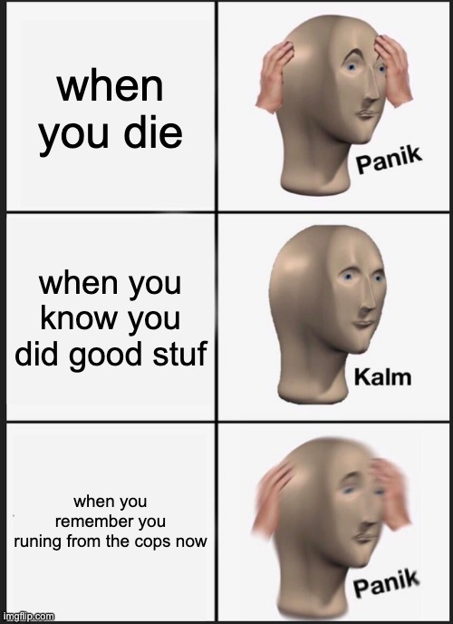 Panik Kalm Panik | when you die; when you know you did good stuf; when you remember you runing from the cops now | image tagged in memes,panik kalm panik | made w/ Imgflip meme maker