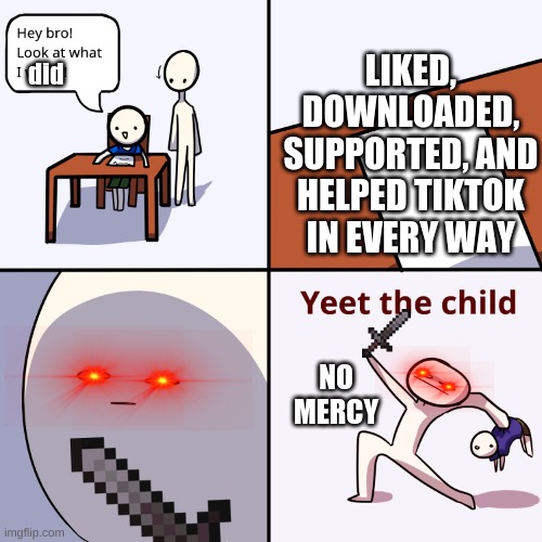 yeet | LIKED, DOWNLOADED, SUPPORTED, AND HELPED TIKTOK IN EVERY WAY; did; NO MERCY | image tagged in yeet the child | made w/ Imgflip meme maker