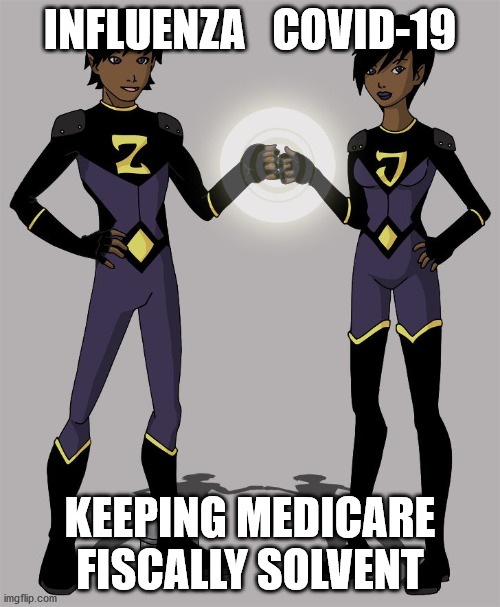 Wonder Twins 2020 | INFLUENZA   COVID-19; KEEPING MEDICARE FISCALLY SOLVENT | image tagged in influenza,covid-19,wonder twins | made w/ Imgflip meme maker