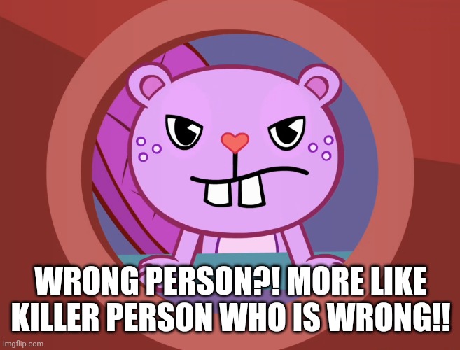 Pissed-Off Toothy (HTF) | WRONG PERSON?! MORE LIKE KILLER PERSON WHO IS WRONG!! | image tagged in pissed-off toothy htf | made w/ Imgflip meme maker