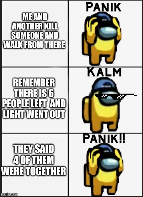 My own experience | ME AND ANOTHER KILL SOMEONE AND WALK FROM THERE; REMEMBER THERE IS 6 PEOPLE LEFT  AND LIGHT WENT OUT; THEY SAID 4 OF THEM WERE TOGETHER | image tagged in among us panik | made w/ Imgflip meme maker