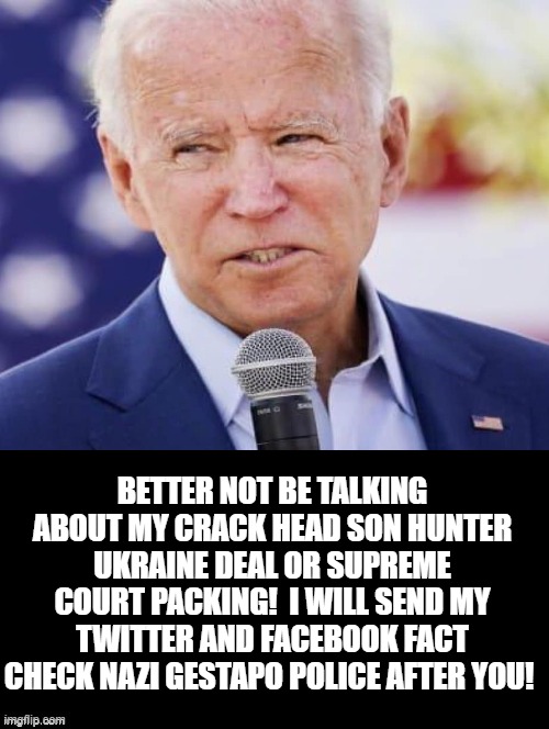 Better Not Be Talking About My Crackhead Son Hunter and His Ukraine Deals! | BETTER NOT BE TALKING ABOUT MY CRACK HEAD SON HUNTER UKRAINE DEAL OR SUPREME COURT PACKING!  I WILL SEND MY TWITTER AND FACEBOOK FACT CHECK NAZI GESTAPO POLICE AFTER YOU! | image tagged in stupid liberals,biden | made w/ Imgflip meme maker