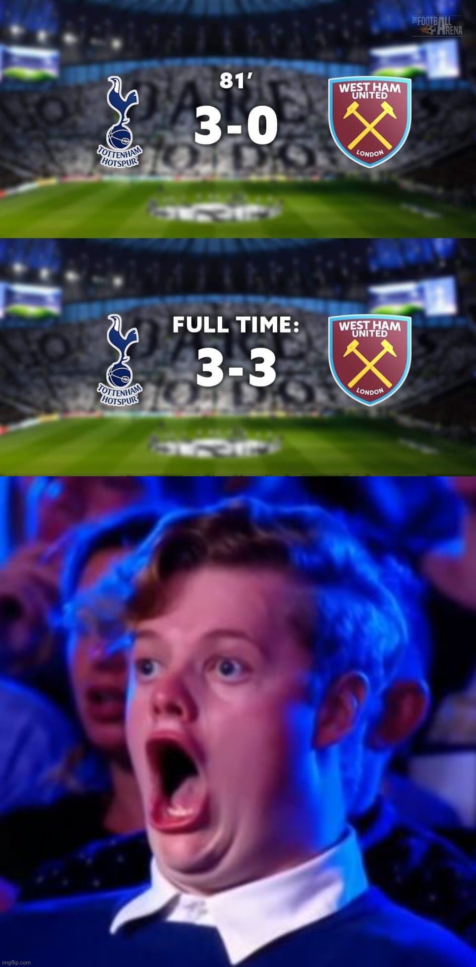 Spurs 3 West Ham 3. OMGWTFBBQ | image tagged in omg,memes,football,soccer,tottenham,west ham | made w/ Imgflip meme maker