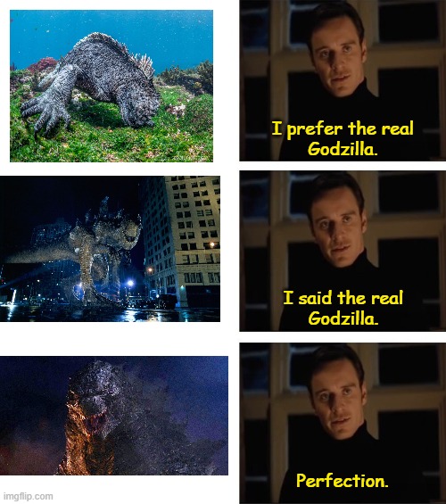 michael fassbender perfection (Godzilla edition) | I prefer the real
Godzilla. I said the real
Godzilla. Perfection. | image tagged in michael fassbender perfection | made w/ Imgflip meme maker