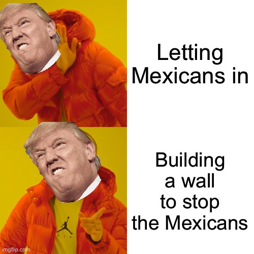 Trump in a nutshell | Letting Mexicans in; Building a wall to stop the Mexicans | image tagged in memes,drake hotline bling | made w/ Imgflip meme maker