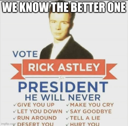 vote rick astley for president | WE KNOW THE BETTER ONE | image tagged in vote rick astley for president | made w/ Imgflip meme maker