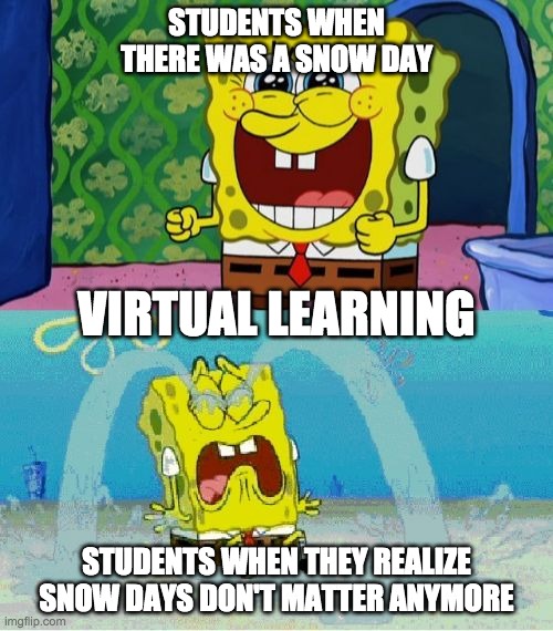 spongebob happy and sad | STUDENTS WHEN THERE WAS A SNOW DAY STUDENTS WHEN THEY REALIZE SNOW DAYS DON'T MATTER ANYMORE VIRTUAL LEARNING | image tagged in spongebob happy and sad | made w/ Imgflip meme maker