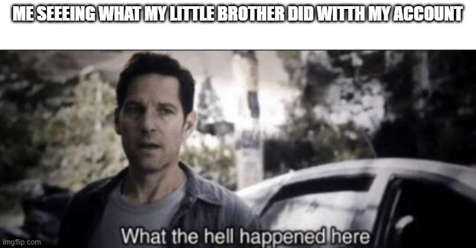 What the hell happened here | ME SEEEING WHAT MY LITTLE BROTHER DID WITTH MY ACCOUNT | image tagged in what the hell happened here | made w/ Imgflip meme maker