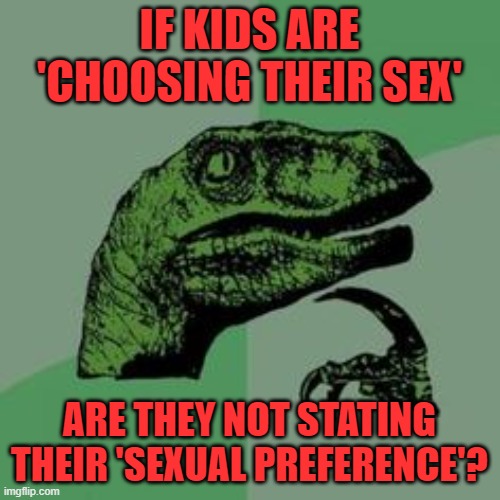 Time raptor  | IF KIDS ARE 'CHOOSING THEIR SEX' ARE THEY NOT STATING THEIR 'SEXUAL PREFERENCE'? | image tagged in time raptor | made w/ Imgflip meme maker