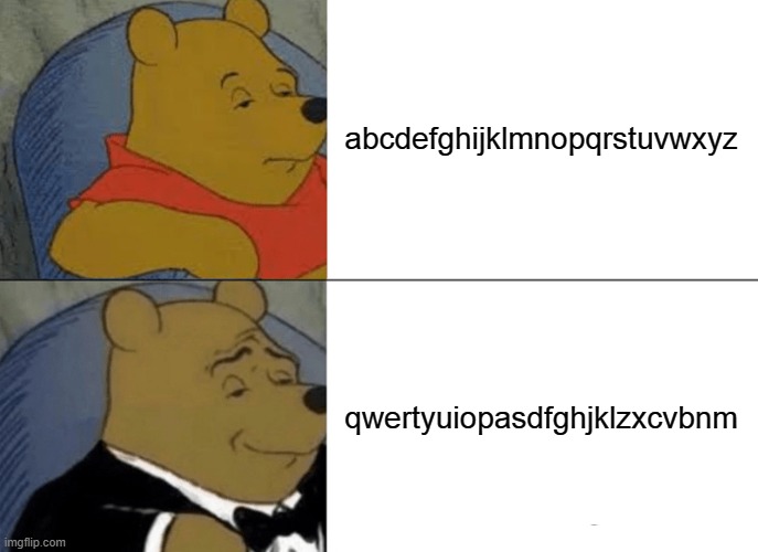 Tuxedo Winnie The Pooh | abcdefghijklmnopqrstuvwxyz; qwertyuiopasdfghjklzxcvbnm | image tagged in memes,tuxedo winnie the pooh,funny,keyboard | made w/ Imgflip meme maker