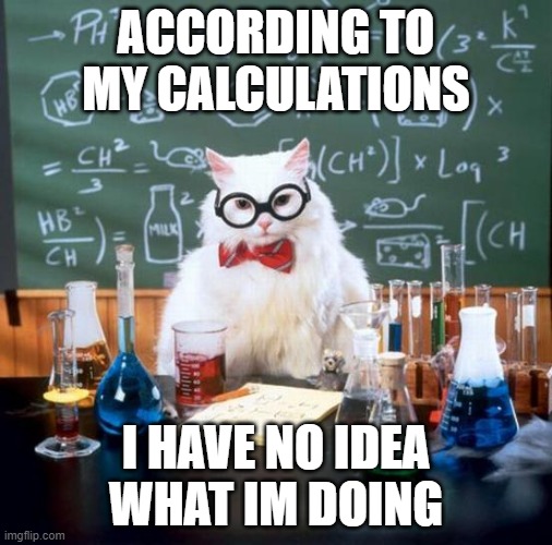 Chemistry Cat | ACCORDING TO MY CALCULATIONS; I HAVE NO IDEA WHAT IM DOING | image tagged in memes,chemistry cat | made w/ Imgflip meme maker
