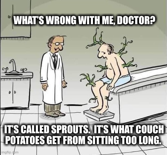 I’m not a couch potato. I’m a recliner potato. | WHAT’S WRONG WITH ME, DOCTOR? IT’S CALLED SPROUTS.  IT’S WHAT COUCH
POTATOES GET FROM SITTING TOO LONG. | image tagged in couch potato,sitting,doctor,disease,memes,funny | made w/ Imgflip meme maker