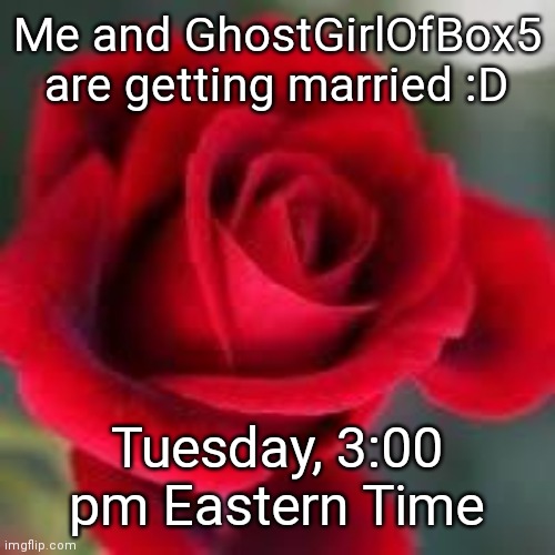 roses are red | Me and GhostGirlOfBox5 are getting married :D; Tuesday, 3:00 pm Eastern Time | image tagged in roses are red | made w/ Imgflip meme maker