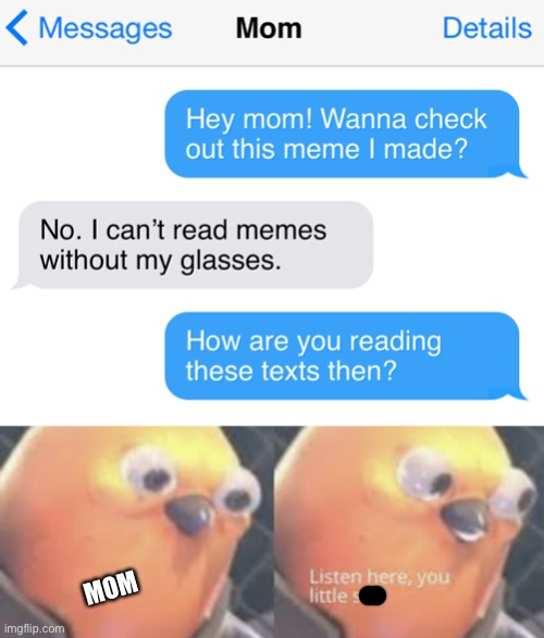 Texts |  MOM | image tagged in funny memes,memes,funny,text messages,listen here you little shit bird | made w/ Imgflip meme maker