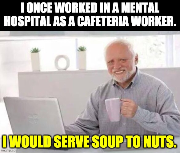That's just nuts! | I ONCE WORKED IN A MENTAL HOSPITAL AS A CAFETERIA WORKER. I WOULD SERVE SOUP TO NUTS. | image tagged in harold | made w/ Imgflip meme maker