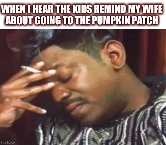 Torture.  Pure torture. | WHEN I HEAR THE KIDS REMIND MY WIFE
ABOUT GOING TO THE PUMPKIN PATCH | image tagged in miserable,pumpkin,kids,october,trip,halloween | made w/ Imgflip meme maker