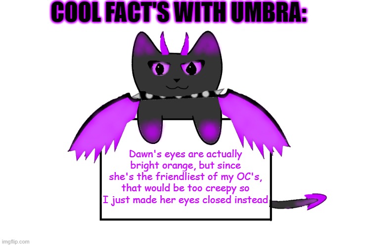 COOL FACT'S WITH UMBRA:; Dawn's eyes are actually bright orange, but since she's the friendliest of my OC's, that would be too creepy so I just made her eyes closed instead | image tagged in umbra holding sign,cool facts with umbra,ocs,demon cat,cats,dragon | made w/ Imgflip meme maker