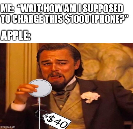 What else can they remove and make us buy separately? | ME:  “WAIT, HOW AM I SUPPOSED
TO CHARGE THIS $1000 IPHONE?”; APPLE: | image tagged in leo apple charger,apple,charger,money,memes,iphone | made w/ Imgflip meme maker