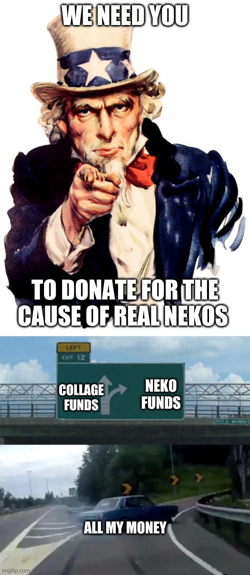 WE NEED YOU; TO DONATE FOR THE CAUSE OF REAL NEKOS; NEKO FUNDS; COLLAGE FUNDS; ALL MY MONEY | image tagged in memes,uncle sam,left exit 12 off ramp | made w/ Imgflip meme maker