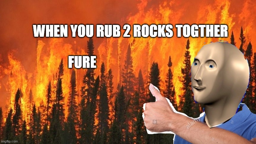 Forest Fire Stonks Meme | WHEN YOU RUB 2 ROCKS TOGTHER; FURE | image tagged in stonks,forest fire | made w/ Imgflip meme maker