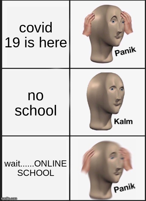 Panik Kalm Panik | covid 19 is here; no school; wait......ONLINE SCHOOL | image tagged in memes,panik kalm panik | made w/ Imgflip meme maker