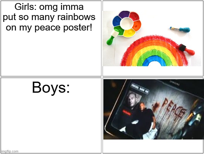 Girls vs Boys Meme | Girls: omg imma put so many rainbows on my peace poster! Boys: | image tagged in memes,blank comic panel 2x2 | made w/ Imgflip meme maker