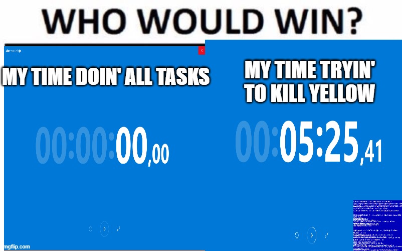 Who Would Win (Among Us) | MY TIME DOIN' ALL TASKS; MY TIME TRYIN' TO KILL YELLOW | image tagged in among us,kill,tasks | made w/ Imgflip meme maker