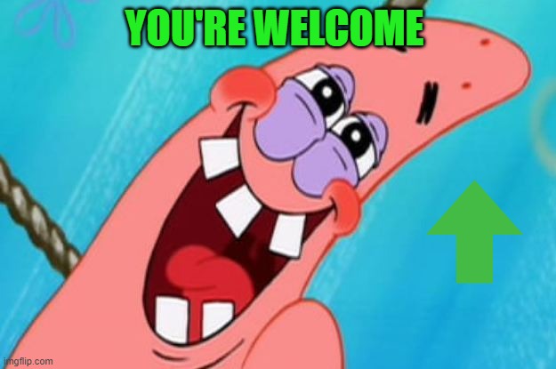 patrick star | YOU'RE WELCOME | image tagged in patrick star | made w/ Imgflip meme maker