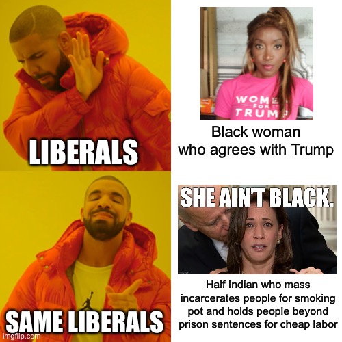 Liberal media loves Black women as long as they aren’t conservative | Black woman who agrees with Trump Half Indian who mass incarcerates people for smoking pot and holds people beyond prison sentences for chea | image tagged in memes,drake hotline bling,kamala harris,black woman,donald trump,liberal logic | made w/ Imgflip meme maker
