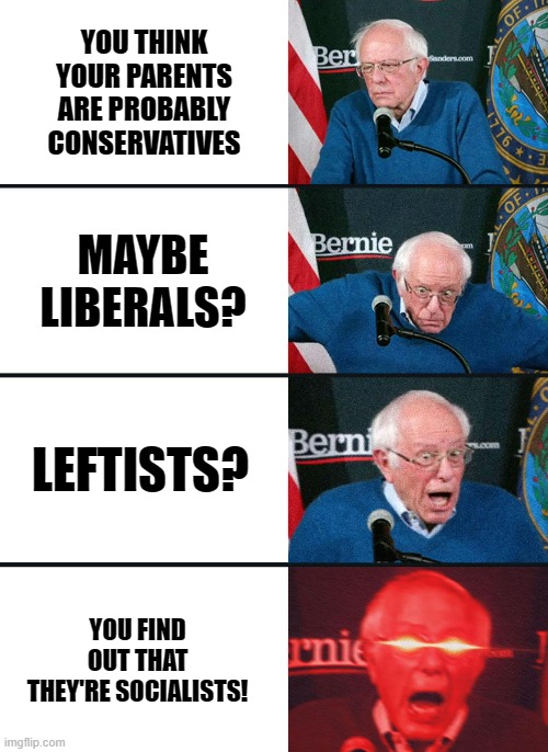 What?! | YOU THINK YOUR PARENTS ARE PROBABLY CONSERVATIVES; MAYBE LIBERALS? LEFTISTS? YOU FIND OUT THAT THEY'RE SOCIALISTS! | image tagged in bernie sanders reaction nuked | made w/ Imgflip meme maker