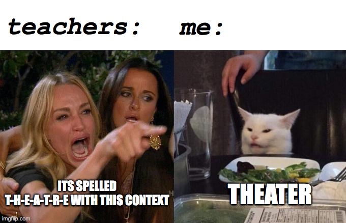 Woman Yelling At Cat | teachers:; me:; ITS SPELLED T-H-E-A-T-R-E WITH THIS CONTEXT; THEATER | image tagged in memes,woman yelling at cat | made w/ Imgflip meme maker