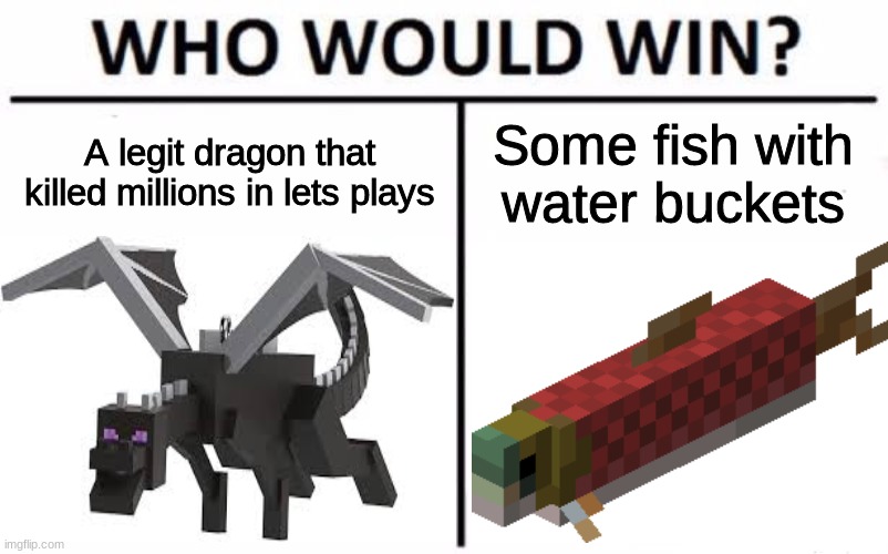 MInecraft but we are fishes | A legit dragon that killed millions in lets plays; Some fish with water buckets | image tagged in who would win | made w/ Imgflip meme maker